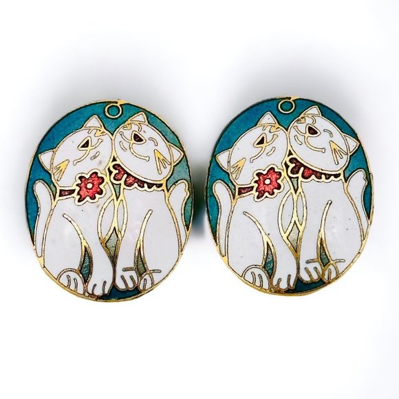 Vintage Enamel Cat Earrings  Pierced - Picture 2 of 5